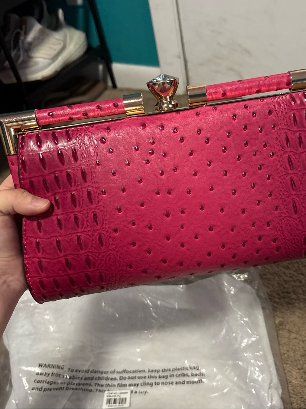 LA MIEL Hot Pink Embossed Clutch with Gold-Tone Hardware